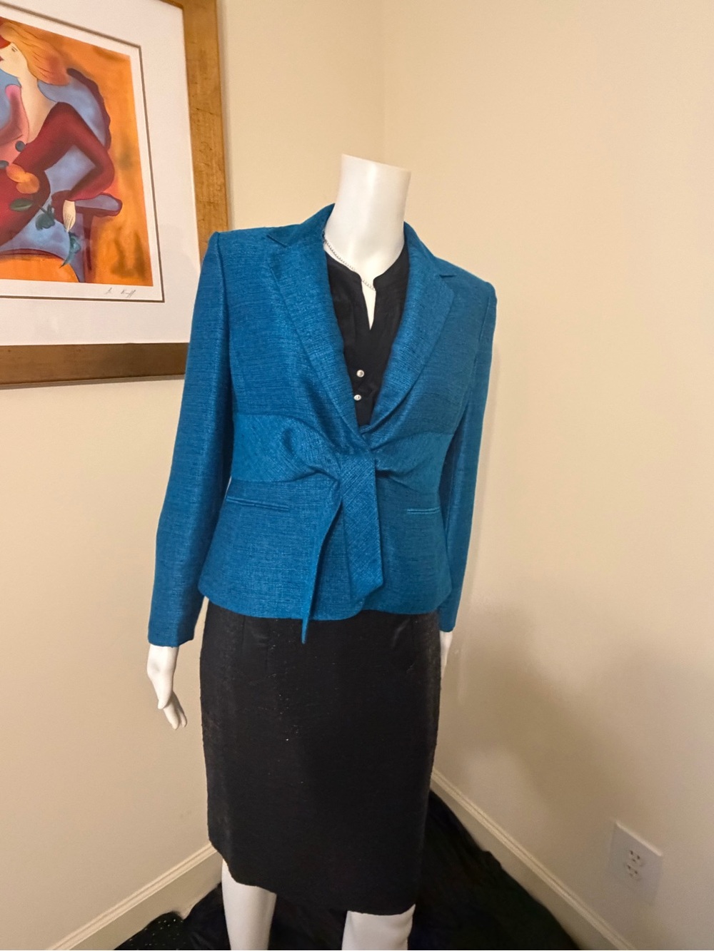 Kasper Petite Tie Front Blue Slub Textured Blazer 8P